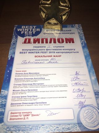 15 грудня 2019 року Всеукраїнський фестиваль-конкурс Best Winter Fest вперше запросив усіх поціновувачів виконавського мистецтва до своїх залів. Фестивальні виступи виконавці проводились за номінаціями «Інструментальний жанр», «Вокальний жанр», «Театральний жанр». Свою майстерність презентували юні таланти із Мелітополя, Запоріжжя, Бердянська, Гуляй Поля, Новоолексіївки та інших міст України. У фестивалі брали участь студенти денної та заочної форми навчання Навчально-наукового інститут соціально-педагогічної та мистецької освіти, які продемонстрували високий рівень виконавської майстерності та переможні результати: в номінації «Інструментальний жанр» – Болотіна Світлана (3 курс група 919-с, клас доцента Стотики І.Г.) – Диплом І ступеня, Турко Надія (2 курс, група 518-с, клас доцента Стотики І.Г.) – Диплом І ступеня, Трушкіна Марина (3 курс група 517-с, клас старшого викладача Власенко Е.А.) – Диплом ІІ ступеня; в номінації «Вокальний жанр» – Павліченко Анна (3 курс, гр.31 ЗФН) – Диплом І ступеня. Вітаємо студентів та викладачів з успішним виступом, зичимо подальших творчих успіхів! 15 грудня 2019 року Всеукраїнський фестиваль-конкурс Best Winter Fest вперше запросив усіх поціновувачів виконавського мистецтва до своїх залів. Фестивальні виступи виконавці проводились за номінаціями «Інструментальний жанр», «Вокальний жанр», «Театральний жанр». Свою майстерність презентували юні таланти із Мелітополя, Запоріжжя, Бердянська, Гуляй Поля, Новоолексіївки та інших міст України. У фестивалі брали участь студенти денної та заочної форми навчання Навчально-наукового інститут соціально-педагогічної та мистецької освіти, які продемонстрували високий рівень виконавської майстерності та переможні результати: в номінації «Інструментальний жанр» – Болотіна Світлана (3 курс група 919-с, клас доцента Стотики І.Г.) – Диплом І ступеня, Турко Надія (2 курс, група 518-с, клас доцента Стотики І.Г.) – Диплом І ступеня, Трушкіна Марина (3 курс група 517-с, клас старшого викладача Власенко Е.А.) – Диплом ІІ ступеня; в номінації «Вокальний жанр» – Павліченко Анна (3 курс, гр.31 ЗФН) – Диплом І ступеня. Вітаємо студентів та викладачів з успішним виступом, зичимо подальших творчих успіхів!
